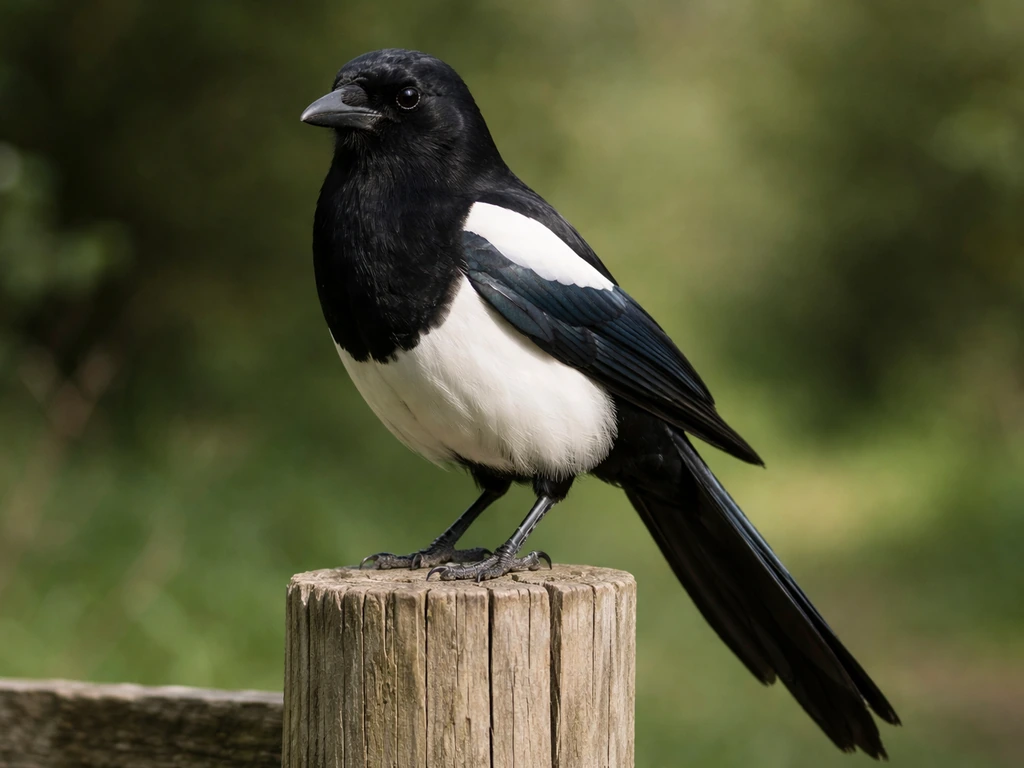 A magpie perched on a fence post, crisp black-and-white feathers with strong contrast.