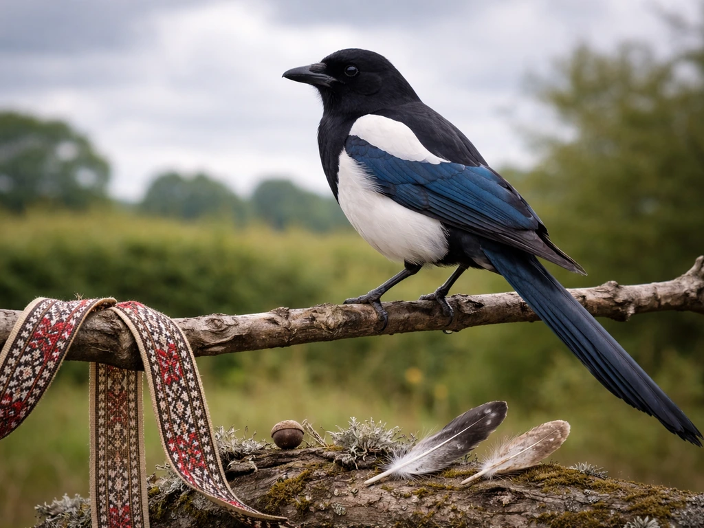 A magpie perched on a branch with subtle folklore-like objects in natural countryside light.
