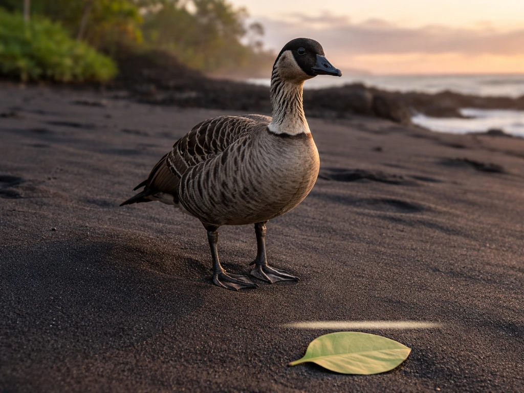 A nēnē on black sand at sunrise with a subtle macron-like mark cue near nearby leaves.