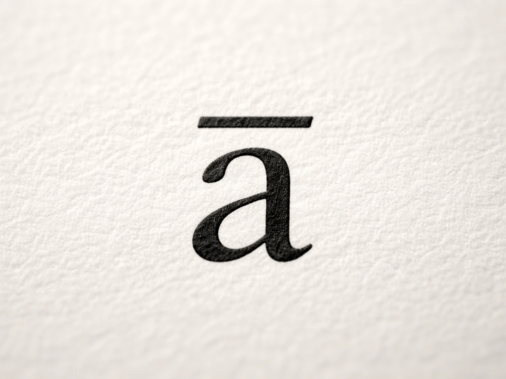 Macro close-up of a vowel with a kahakō macron diacritic above it on off-white paper.