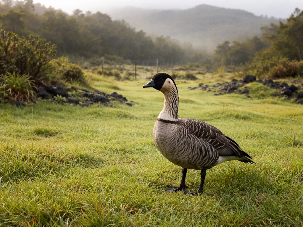 A nēnē stands in lush restored habitat on a quiet Hawaiian landscape, symbolizing resilience and recovery.
