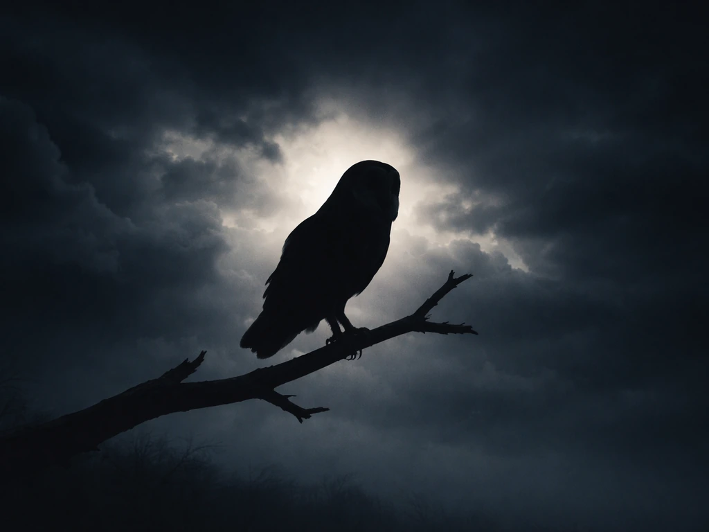 Ominous barn-owl silhouette perched on a branch beneath a stormy twilight sky.