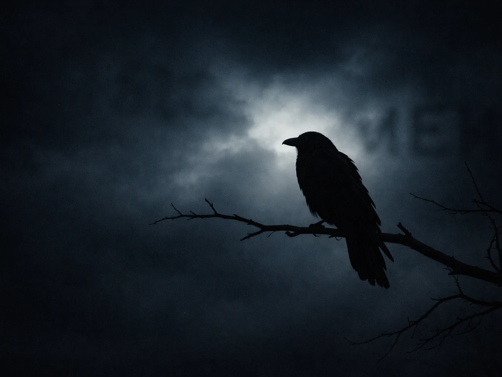 Ominous bird silhouette on a bare branch against a dark stormy sky, suggesting a bad omen.