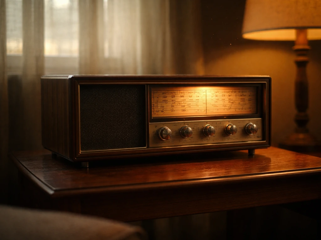 Vintage detective-era radio console in a cozy room, warm light and period dials suggesting a classic episode mood.