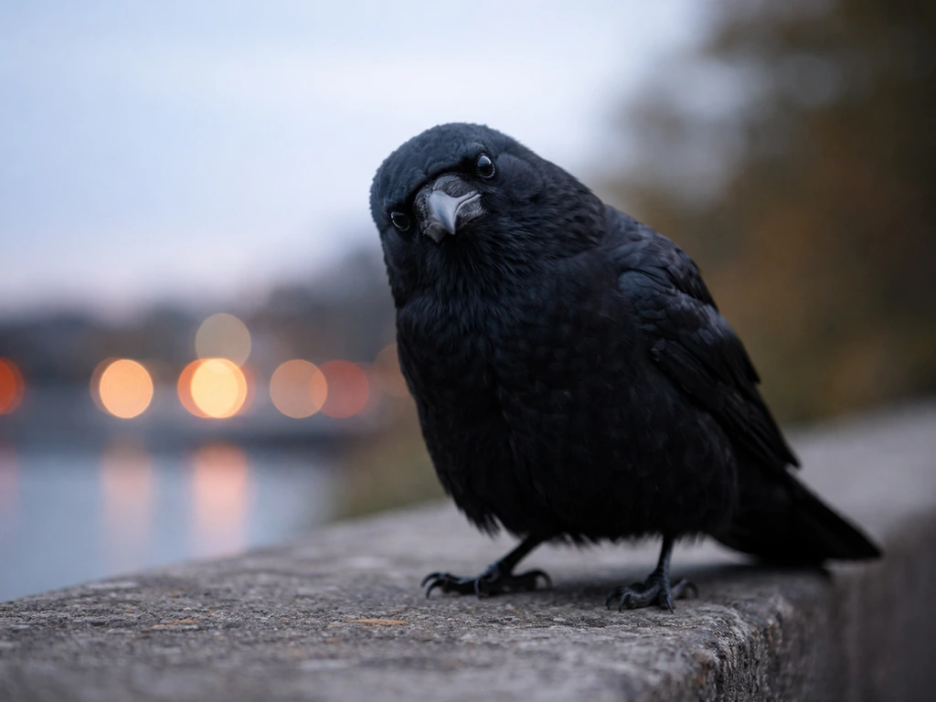 Close-up of a suspicious crow on a concrete ledge with empty space for a meme-style caption.
