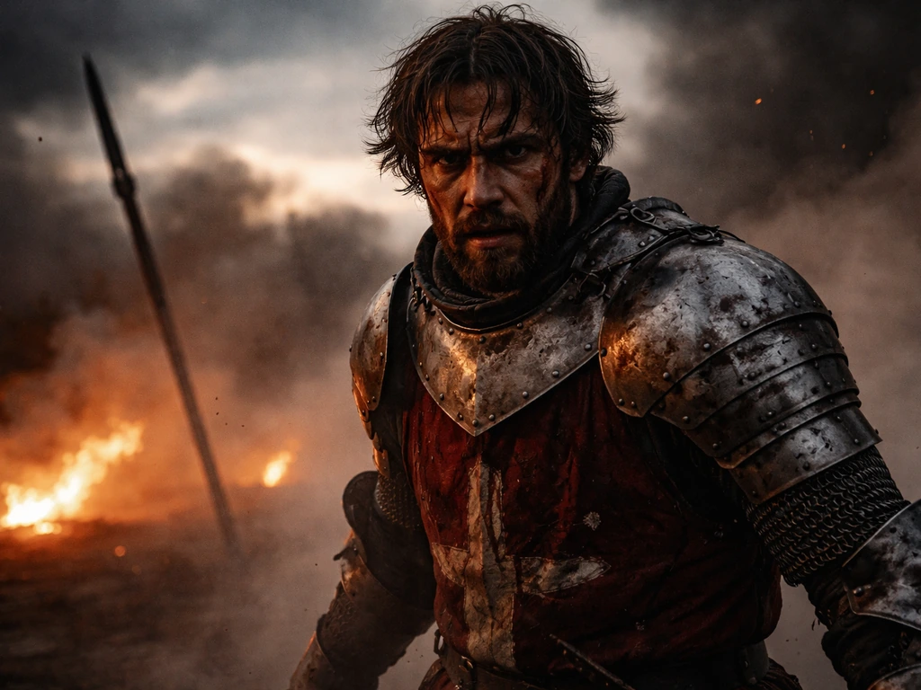 Fiery medieval armored noble at dusk in smoky battlefield light, symbolizing “Hotspur” courage.