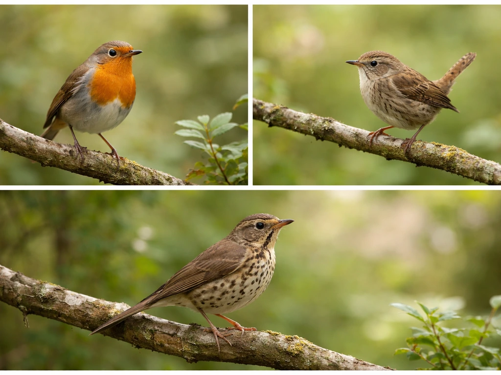 Close-up of several common garden birds on branches, each separated and clearly recognizable.