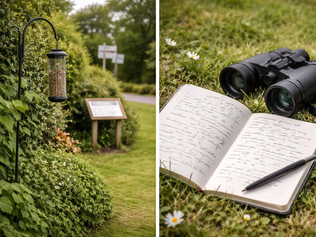 British garden with bird feeder and a blurred sign, plus an inset of illegible wildlife notes and binoculars.