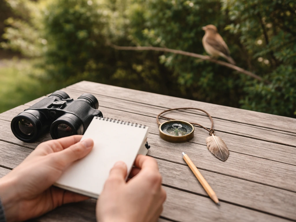 Hands with binoculars and notepad in a quiet garden while a single bird perches in soft focus.