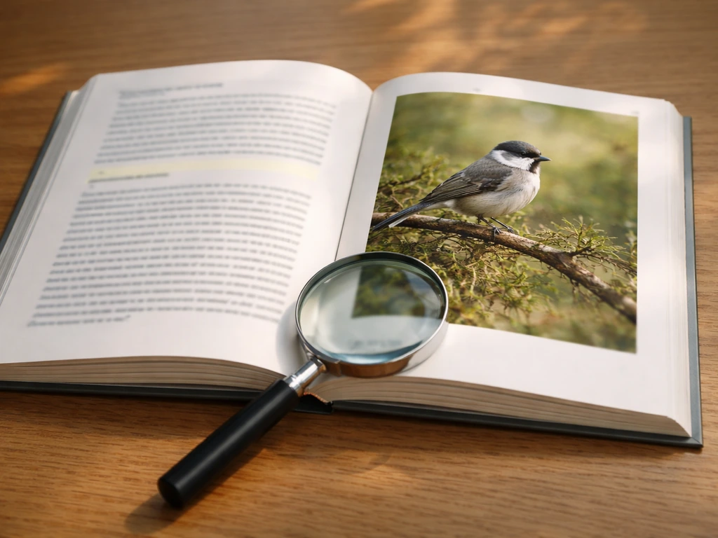 Open bird field guide on a table, with a small songbird photo and magnifying glass, no readable text.