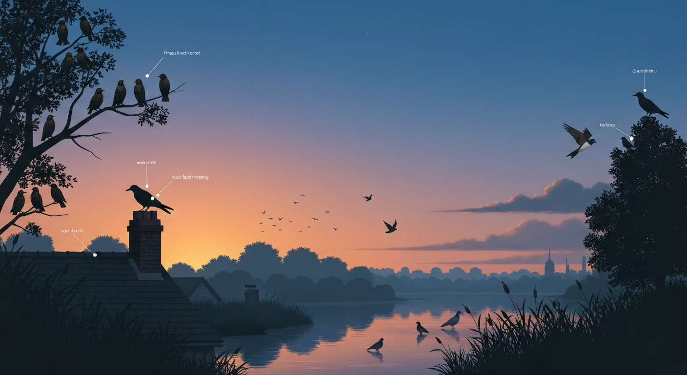 Dusk scene of various birds settling into roosts in trees and on roofs, with a murmuration in the sky.