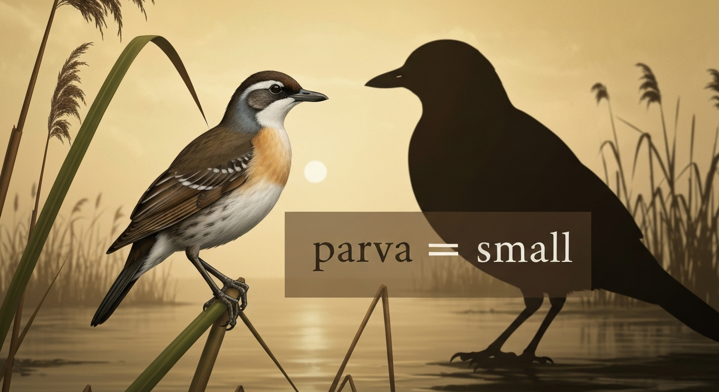 Editorial illustration: a small bird perched on a reed with a larger bird silhouette behind and the caption 'parva = small'.