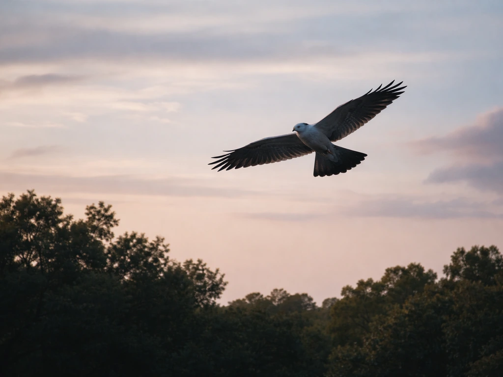 A kite-like raptor glides above treetops against a soft dusk sky, calm and atmospheric.