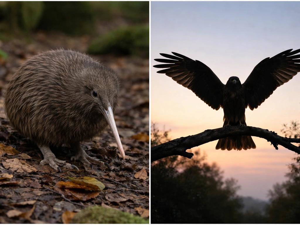 Side-by-side nature photos: kiwi bird on leaf litter and a raptor silhouette on a branch.