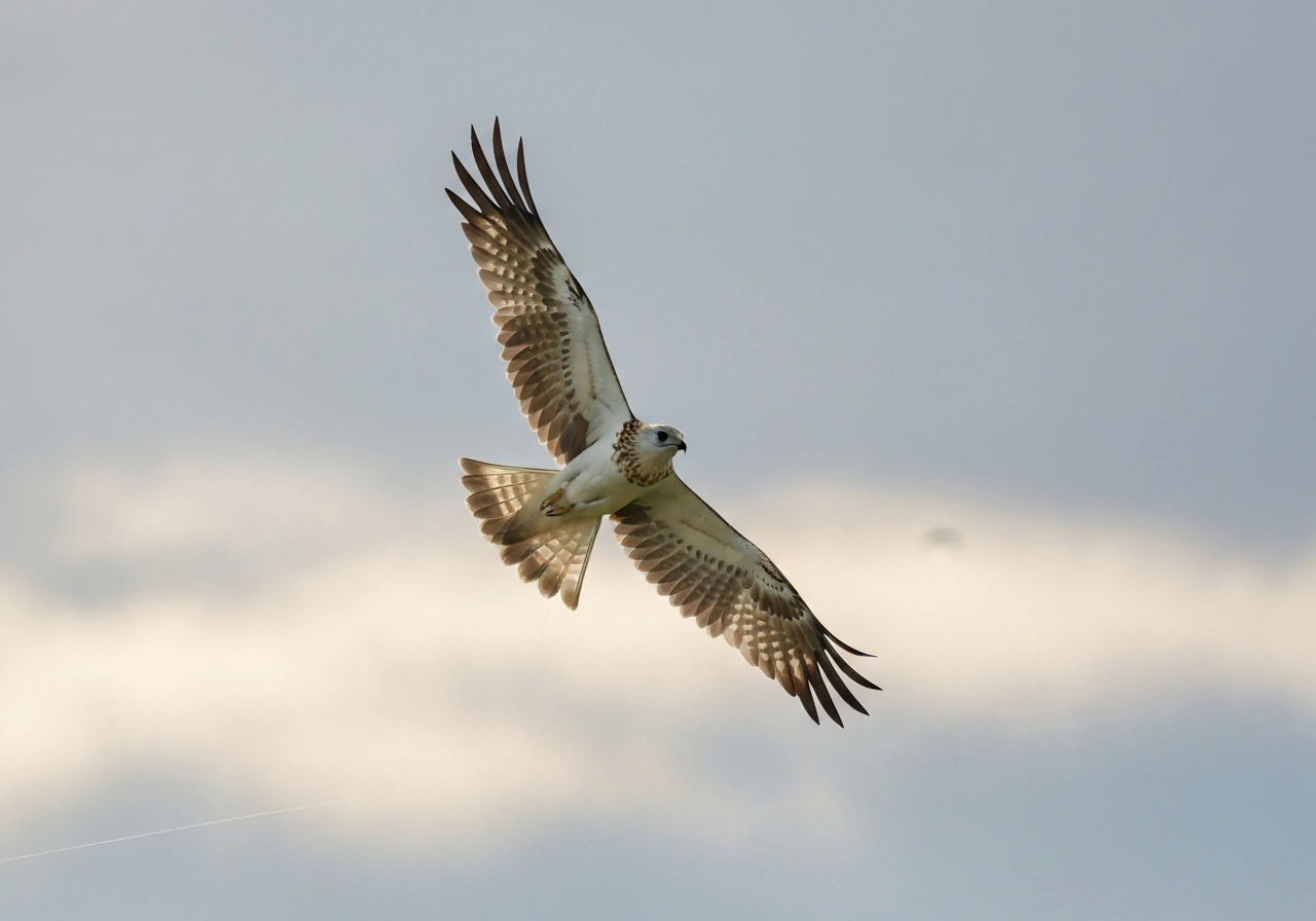 A large raptor-like kite bird gliding high in thermals with wings fully extended against a clear sky.