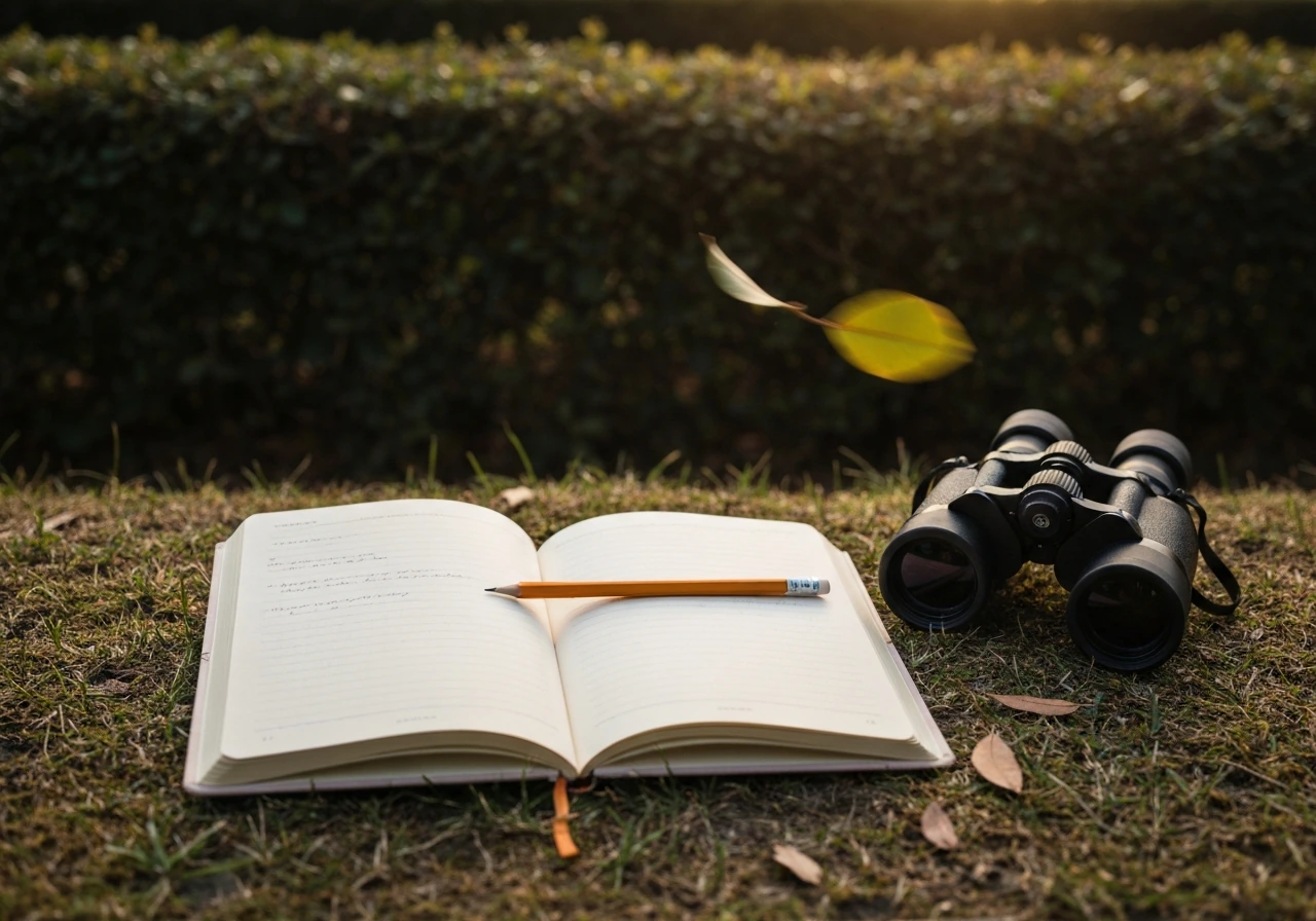 Open journal with pencil beside binoculars outdoors, calm reflective mood for interpreting a kite-bird sighting.