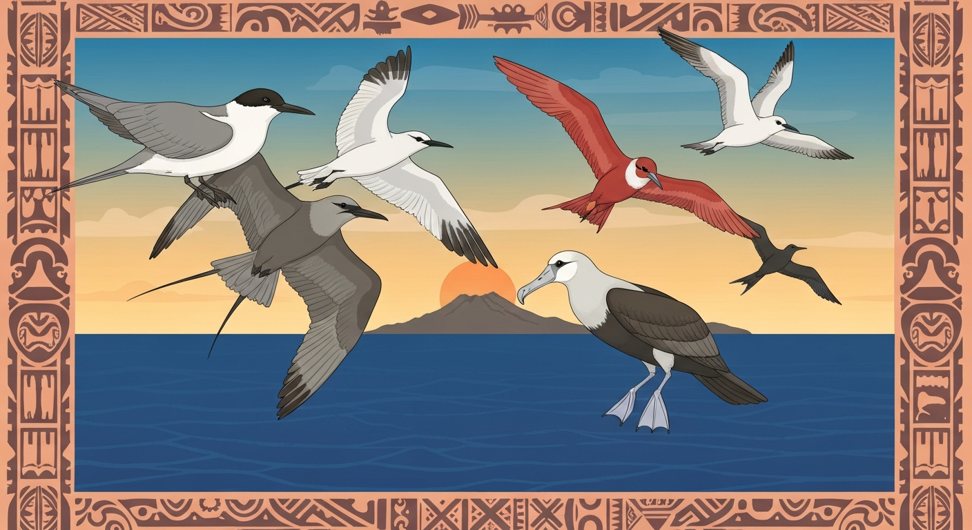 Illustrated montage of Polynesian seabirds (manutara sooty tern, tropicbirds, frigatebird, albatross) flying above a Pacific island silhouette with Polynesian tattoo patterns as decorative elements.