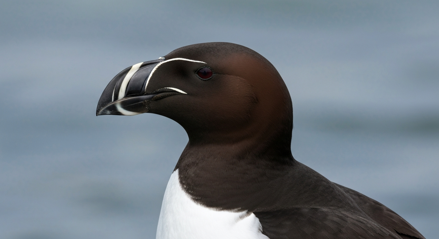 Close-up portrait of a razorbill (Alca torda) in profile showing its blunt bill with a white vertical stripe.
