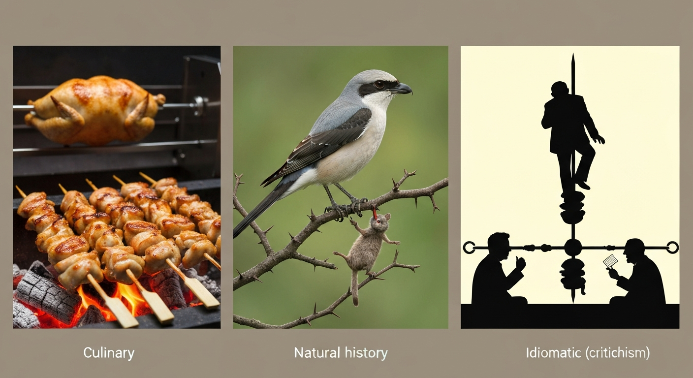 Triptych: (left) skewered chicken and rotisserie spit over coals, (center) a shrike beside prey impaled on a thorn, (right) a satirical editorial image of a generic public-figure silhouette skewered on a large skewer, with captions 'Culinary', 'Natural history', 'Idiomatic (criticism)'.