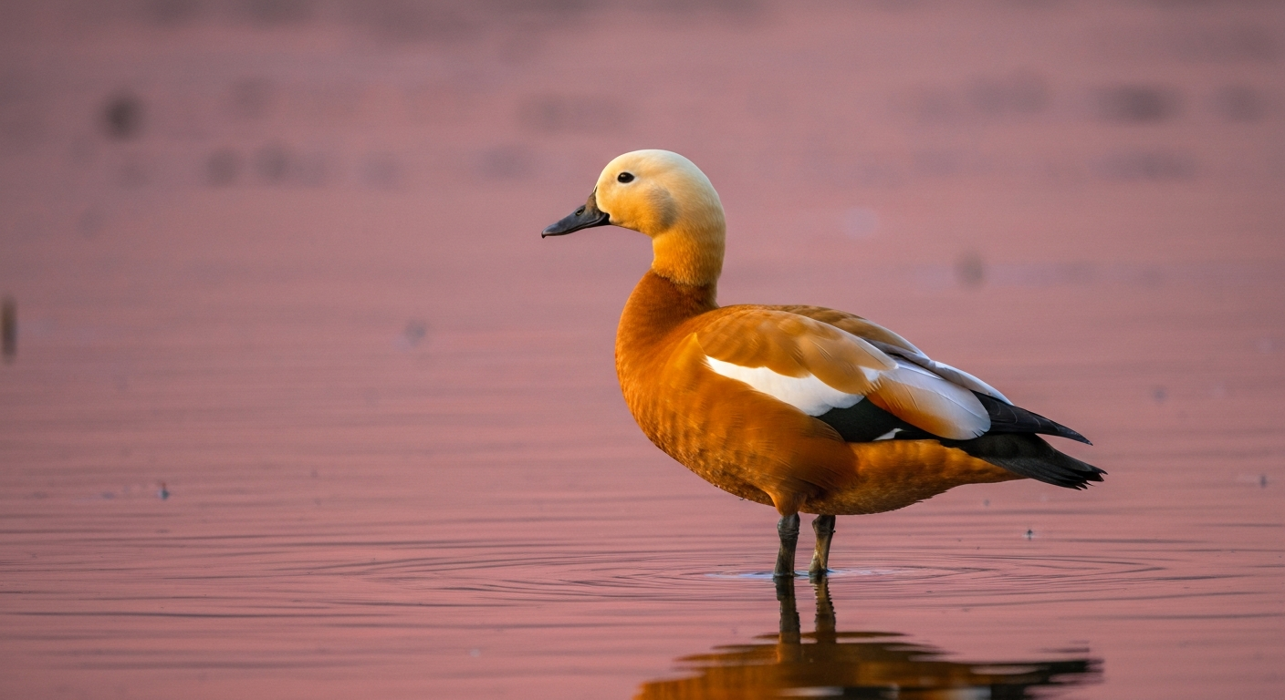 Ruddy Shelduck (Tadorna ferruginea) standing on a calm wetland at sunrise, showing orange-rufous plumage, pale head, and black tail.