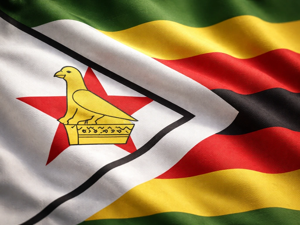 Close-up of the Zimbabwe flag showing the gold Zimbabwe Bird emblem over the red star.