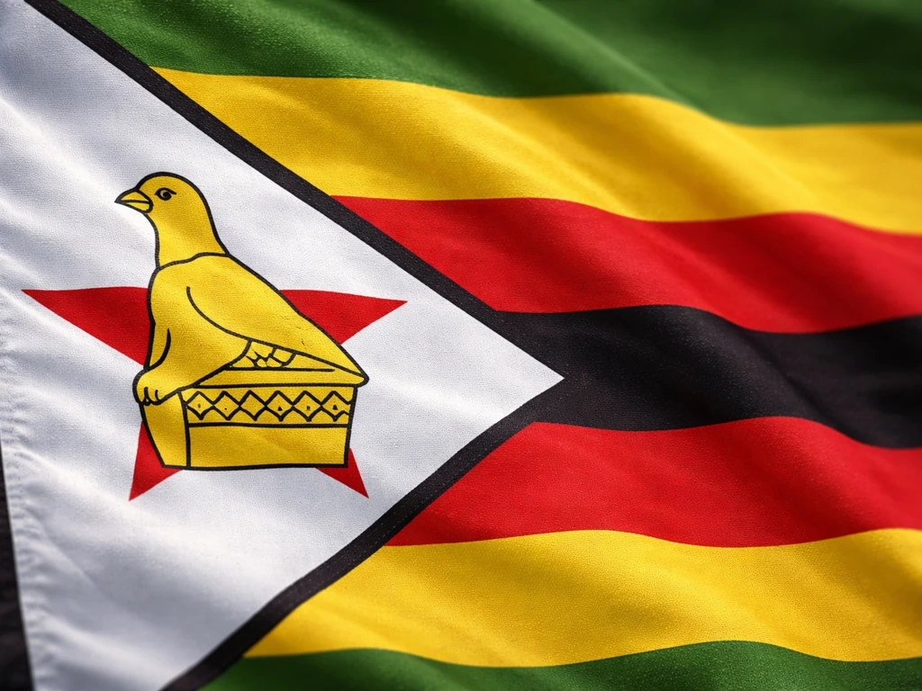 Close-up of Zimbabwe flag showing the gold Zimbabwe Bird in the white triangle and red five-pointed star
