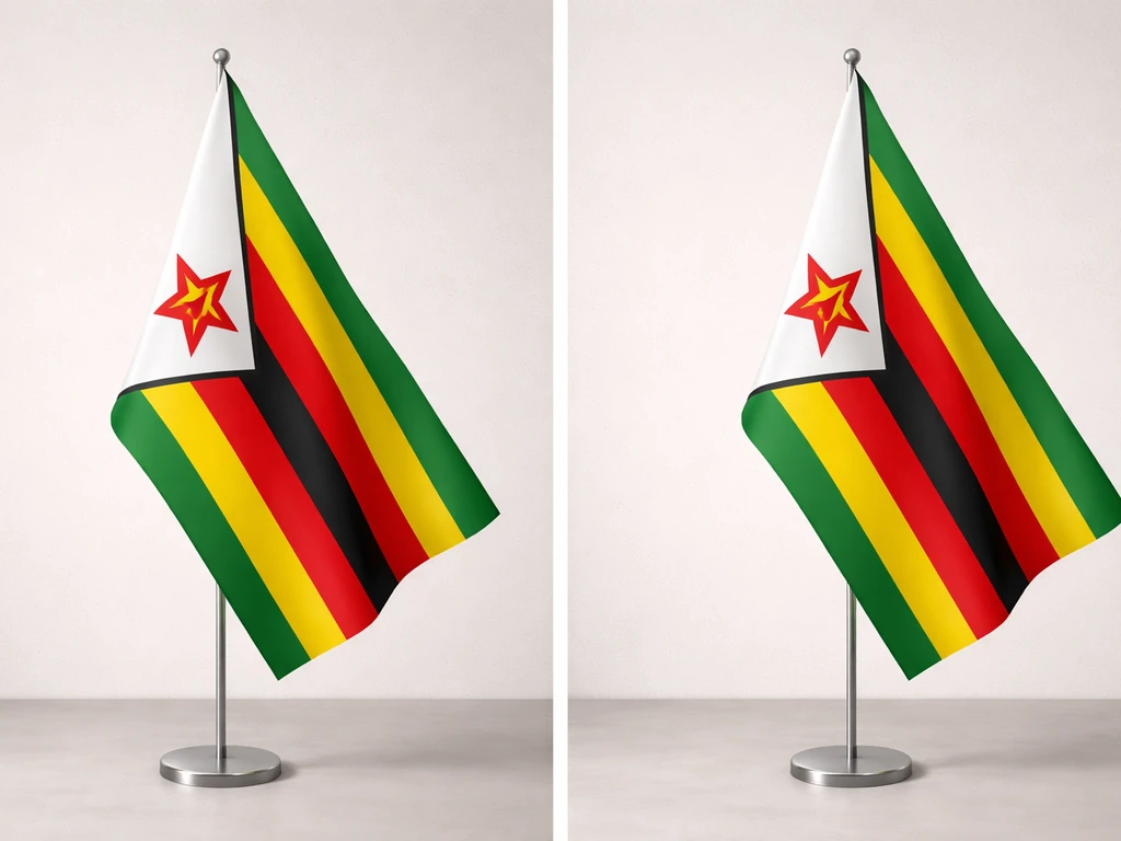 Split-screen of early and later Zimbabwe flag designs, showing the bird added in the accepted version